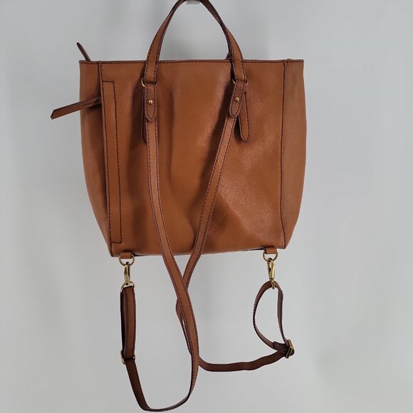 👜 Fossil Convertible Pebbled Leather Satchel–Backpack–Shoulder Bag | Tan - Picture 3 of 11